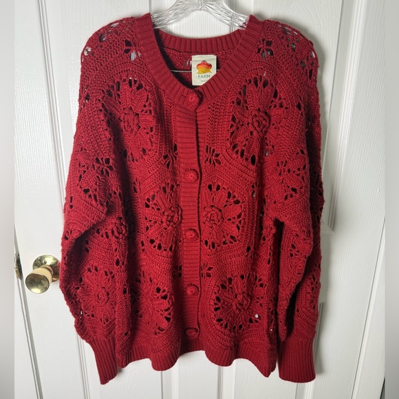 Farm Rio Red Crochet Flower Knit Cardigan XL - Picture 2 of 7